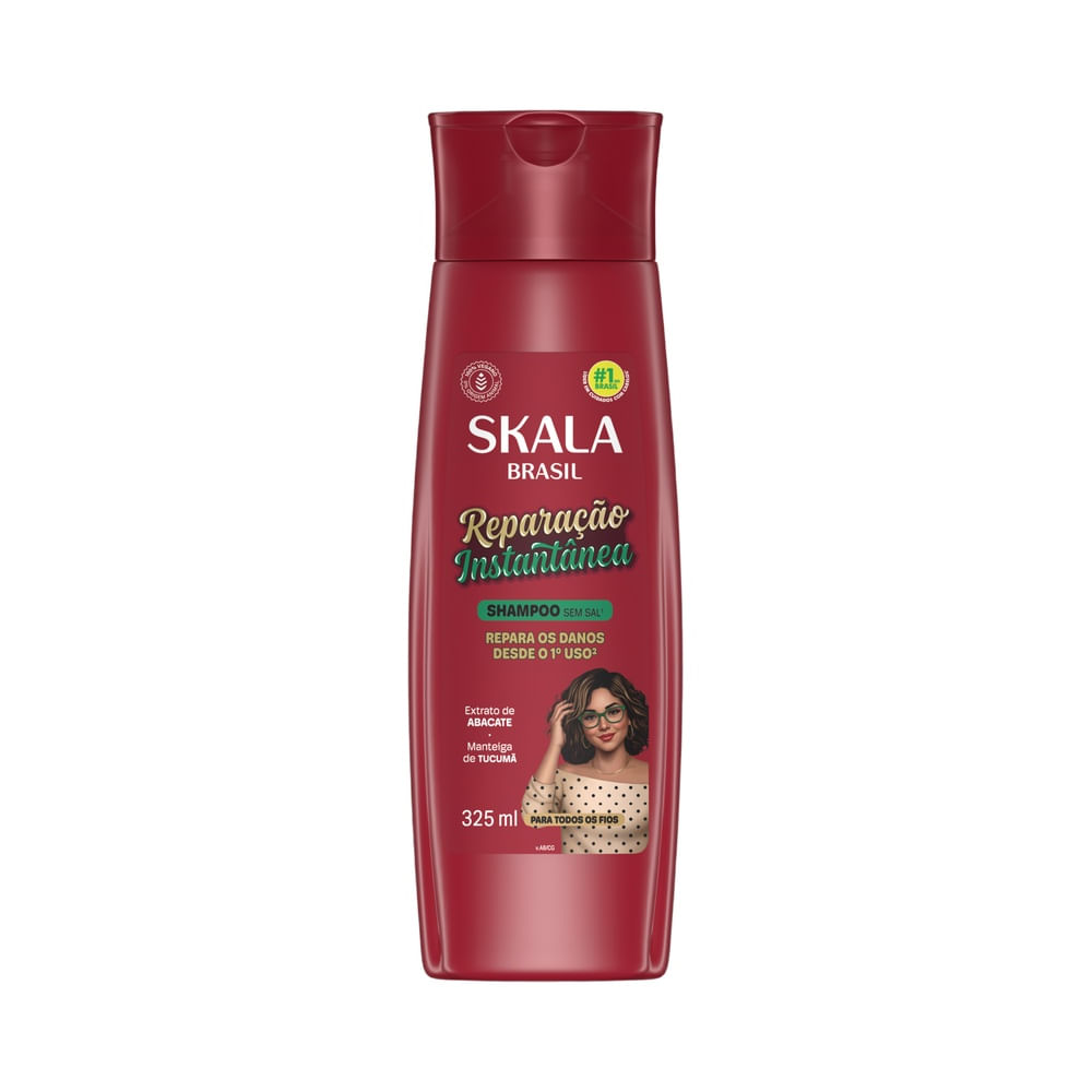 Frasco de shampoo Skala Reparação Instantânea 325ml com rótulo vermelho e fundo branco